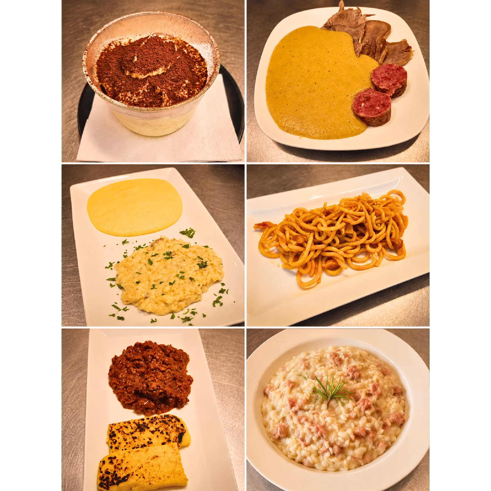 Sei piatti iconici dell'Osteria Riki e Mauri: tiramisù, pearà con bollito, baccalà alla vicentina, bigoli della casa, pastissada de caval e risotto al tastasal